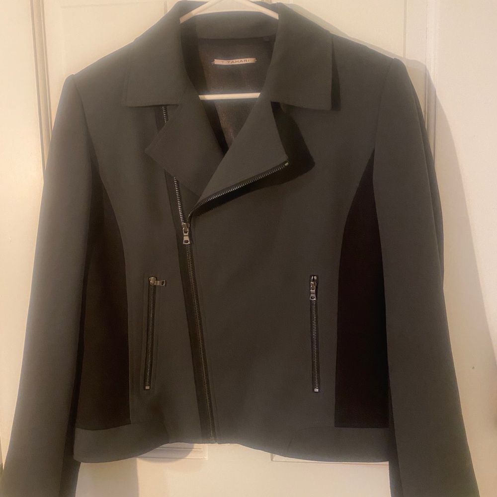 T Tahari two-toned asymmetrical zip blazer.